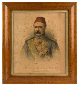 MAJOR GENERAL CHARLES GEORGE GORDON (Late Governor General of Sudan), antique colour lithograph in period birdseye maple frame. Printed by Troedel & Co., Melbourne. 34 x 29cm, 46 x 41cm overall 