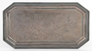 A Chinese export silver tray with bamboo decoration, engrave "1937-1962", 20th century, stamped "Made In Hongkong, Sterling", 30cm wide, 464 grams