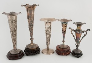 Five Chinese export silver stem vases, including a WANG HING example, 19th and 20th century, four with timber bases, ​​​​​​​the largest 22cm high, 540 grams total silver weight