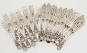Antique English sterling silver fish cutlery set for 12 places, made in London, circa 1876, (24 items), the knives 22.5cm long, 1224 grams total