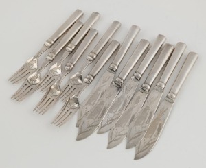 TUCK CHANG Chinese silver fish cutlery set for six places, 19th/20th century, (12 items), stamped "TUCK CHANG", the knives 21cm long