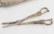 A Georgian sterling silver candle tray, made in London, circa 1827, together with a pair of antique sterling silver wick scissors, (2 items), the tray 26.5cm long, 425 grams total - 2