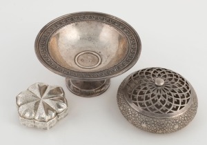 A sterling silver comport, and Indian silver box with pierced lid, and an Eastern silver lotus box with gilt interior, 20th century, (3 items), the comport 8cm high, 15cm diameter, 426 grams total