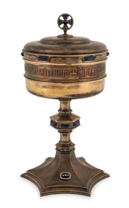 PAUL BRUNET antique French gilded silver chalice and cover, adorned with lapis lazuli, diamonds, seed pearls, rubies, enamel and paste, with inscription (translation) "Whoever Eats Of This Bread, He Shall Live Forever", circa 1900, 30cm high, 1060 grams