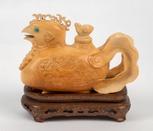 A Chinese carved ivory bird water dropper, on inlaid and carved timber base, early to mid 20th century, 14cm long