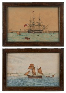 ARTIST UNKNOWN (19th century), I.) British man of war at harbour, II.) Schooner off Dover, watercolour, 17 x 25cm each, 22 x 31cm each overall. PROVENANCE: The Berry Collection, Young's Auctions, Melbourne, 2009