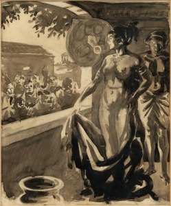 NORMAN ALFRED WILLIAM LINDSAY (1879 - 1969), On the Balcony, watercolour&nbsp;and pencil, signed with initials lower right, 23 x 19cm, framed 41 x 33cm overall. Provenance: Leonard Joel, Australian Paintings, Melbourne, 02/11/1983, Lot No. 723.