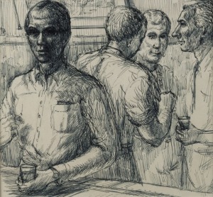 ERIC WESTBROOK (1915 - 2005),&nbsp; Time Please Gentlemen,&nbsp; pen on paper, in Thallon&nbsp;frame&nbsp; 24cm x 26cm, 60cm x 59cm overall