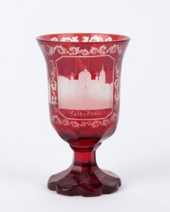 An antique Bohemian ruby overlay glass goblet with hand engraved architectural scenes titled "BORCETTE", "CATHEDRALE", and "LA FOUNTAINE ELISE", circa 1850, 13cm high