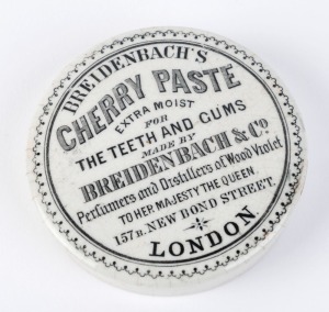"BREIDENBACH'S CHERRY PASTE" antique English Pratt ware pot lid, 19th century, 8cm diameter