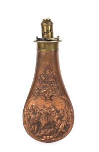 An antique powder flask, brass and copper with&nbsp;repouss&eacute; decoration, 19th century, ​​​​​​​21cm high