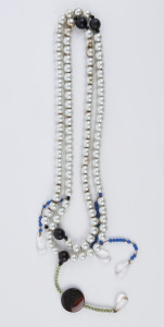 139 · A Chinese court style necklace, faux pearls and turned wood, with agate and jade adornments and blue glass beads, 20th century, 110cm long