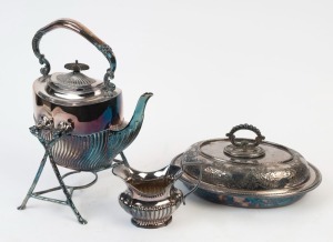 190 · An antique English silver plated tureen, spirit kettle (missing burner) and a milk jug, 19th century and early 20th century (3 items), the tureen 26cm wide