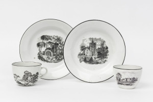 Antique English "Bat Print" porcelain tea ware comprising two cups and two plates, early 19th century, (4 items), the plates 18cm diameter