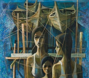 Kamchorn Soonpongsri (Thailand, 1937 - ), Young Women & Fishing Boats, oil on canvas, signed and dated "Kamchorn 73" lower right, 89cm x 101cm, 99cm x 112cm overall