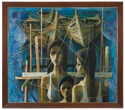 Kamchorn Soonpongsri (Thailand, 1937 - ),&nbsp; Young Women & Fishing Boats,&nbsp; oil on canvas,&nbsp; signed and dated "Kamchorn 73" lower right, 89cm x 101cm, 99cm x 112cm overall - 2