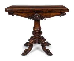 An antique English rosewood card table with fold-over top and green wool interior, mid 19th century, 77cm high, 93cm wide, 45cm deep
