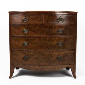 A Regency bow fronted chest of five drawers, flame mahogany on French bracket feet, early 19th century, 105cm high, 105cm wide, 53cm deep