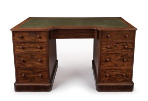 An antique English mahogany twin pedestal desk with green tooled leather top, 19th century, 74cm high, 137cm wide, 65cm deep