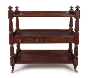 An antique English mahogany three tier dumbwaiter with two drawers and reeded columns, 19th century, 118cm high, 124cm wide, 53cm deep