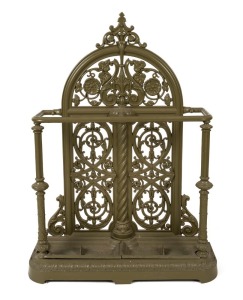 FALKIRK cast iron umbrella stand in green painted finish, stamped "Falkirk" with diamond registration mark, 104cm high, 76cm wide, 24cm deep