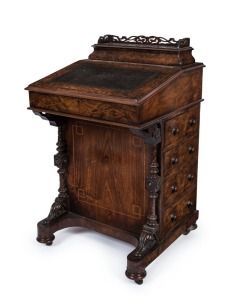 An antique English burl walnut Davenport desk with tulipwood inlay, 19th century