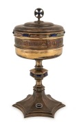 PAUL BRUNET antique French gilded silver chalice and cover, adorned with lapis lazuli, diamonds, seed pearls, rubies, enamel and paste, with inscription (translation) "Whoever Eats Of This Bread, He Shall Live Forever", circa 1900, 30cm high, 1060 grams - 8