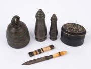 Three brass apothecary vessels one having peacock decoration to lid & floral decoration to base, brass bell (10cm high), plus a&nbsp; penknife with brass banding on the bone handle and sheath (length 12.5cm); Indian/South-East Asian, 19th century. (5 items)