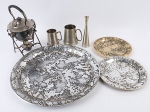 194 · A silver plated spirit kettle, two retro silver plated trays, a pewter vase and two tankards, (6 items), the larger tray 46cm diameter