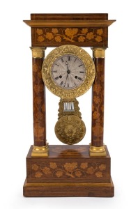 An early French portico clock, time and strike movement in a fine marquetry case with ormolu mounts, 19th century, 51cm high