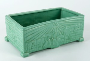 GREENWAY POTTERY green glazed flower trough in the Art Deco style, bearing original circular label, 10cm high, 26cm wide