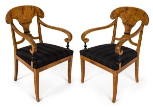 A fine pair of Biedermeier Revival satin birch library chairs, circa 1900s, 59cm across the arms