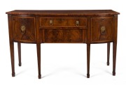 A Georgian mahogany sideboard with six legs, original lion's head brass handles, with satinwood cross-banded top and ebony string inlay, circa 1820, 89cm high, 155cm wide, 57cm deep