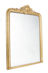 Gilt framed overmantle mirror with Baroque style moulded top. 114 x 160cm