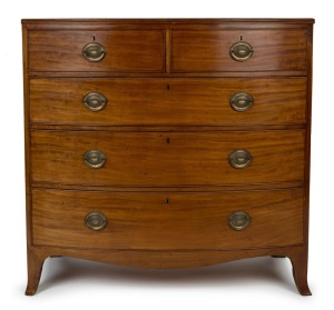 An antique English mahogany bow front chest of five drawers with reeded edge, circa 1830, 105cm high, 108cm wide, 56cm deep