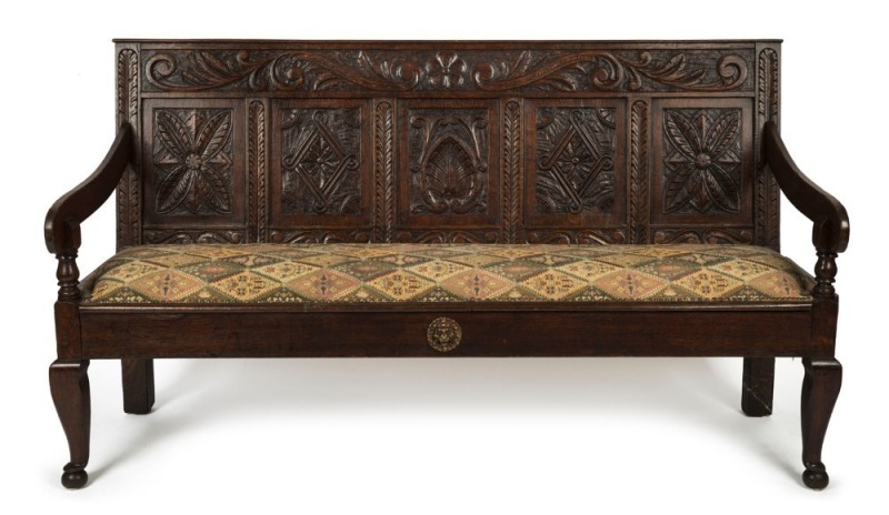 An antique English oak settle, 18th/19th century,  102cm high, 180cm wide, 66cm deep