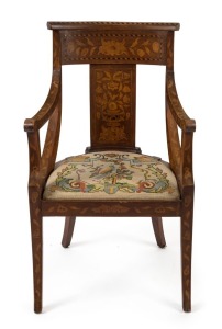 An antique Dutch marquetry carver chair with tapestry seat, 18th century, 53cm across the arms