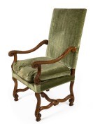 An antique French carved walnut armchair with green velvet upholstery, 118cm high x 65cm wide x 69cm deep  - 2