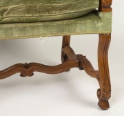 An antique French carved walnut armchair with green velvet upholstery, 118cm high x 65cm wide x 69cm deep  - 3