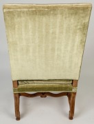 An antique French carved walnut armchair with green velvet upholstery, 118cm high x 65cm wide x 69cm deep  - 5