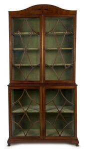 An antique English mahogany Sheraton display cabinet with astragal glazed doors and sage velvet lined interior, 18th/19th century, 214cm high, 110cm wide, 42cm deep