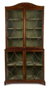 An antique English mahogany Sheraton display cabinet with astragal glazed doors and sage velvet lined interior, 18th/19th century, ​​​​​​​214cm high, 110cm wide, 42cm deep