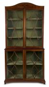 An antique English mahogany Sheraton display cabinet with astragal glazed doors and sage velvet lined interior, 18th/19th century, ​​​​​​​214cm high, 110cm wide, 42cm deep