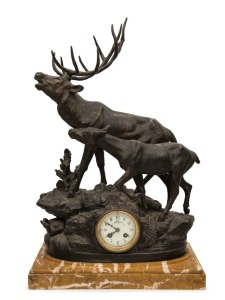 An antique French mantle clock with cast spelter deer case on Sienna marble base, eight day time and strike movement with Arabic numerals, 19th century, ​​​​​​​65cm high