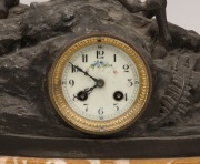 An antique French mantle clock with cast spelter deer case on Sienna marble base, eight day time and strike movement with Arabic numerals, 19th century, ​​​​​​​65cm high - 2