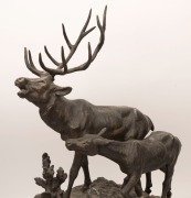 An antique French mantle clock with cast spelter deer case on Sienna marble base, eight day time and strike movement with Arabic numerals, 19th century, ​​​​​​​65cm high - 4