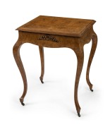 An antique English walnut single drawer ladies desk crafted in the French style, interior fitted with compartments, pencil inscription to the back of drawer "George Fellingham, January 8th, 1876", 73cm high, 58cm wide, 52cm deep