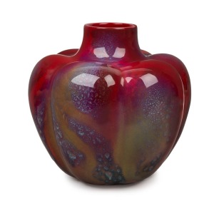 ROYAL DOULTON "SUNG" flambe English porcelain vase, by FRED MOORE and CHARLES NOKE, stamped "Royal Doulton England, Sung, Made In England, Noke, F.M.", ​​​​​​​17cm high, 17cm wide