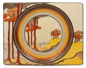 CLARICE CLIFF English Art Deco porcelain plate, circa 1930, stamped "BIZARRE By CLARICE CLIFF, The Biarritz Royal Staffordshire, England", ​​​​​​​26cm wide