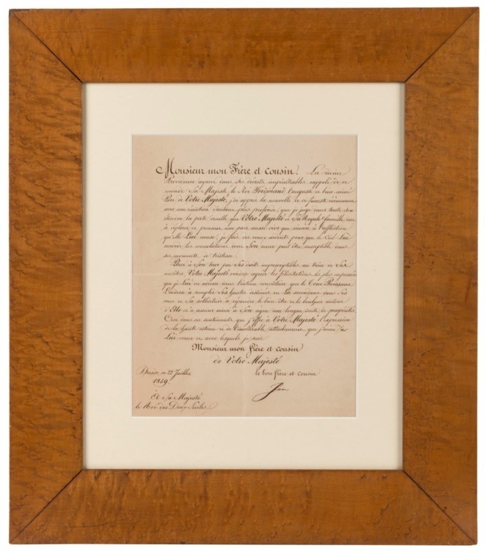 An original letter to King Francis II of The Two Sicilies,sheet size 26.5 x 22cm, mount 33 x 30cm overall